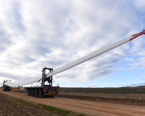 MADRID, SPAIN - 2019/12/05: Special transport truck is seen transporting the blade of a wind turbine near the small village of Beltejar.
Construction work continues on a new wind farm in Beltejar, north of Spain. During COP25, the Spanish president Pedro Sanchez pledged to reduce the level of CO2 emissions by 20% in the next years. (Photo by John Milner/SOPA Images/LightRocket via Getty Images)